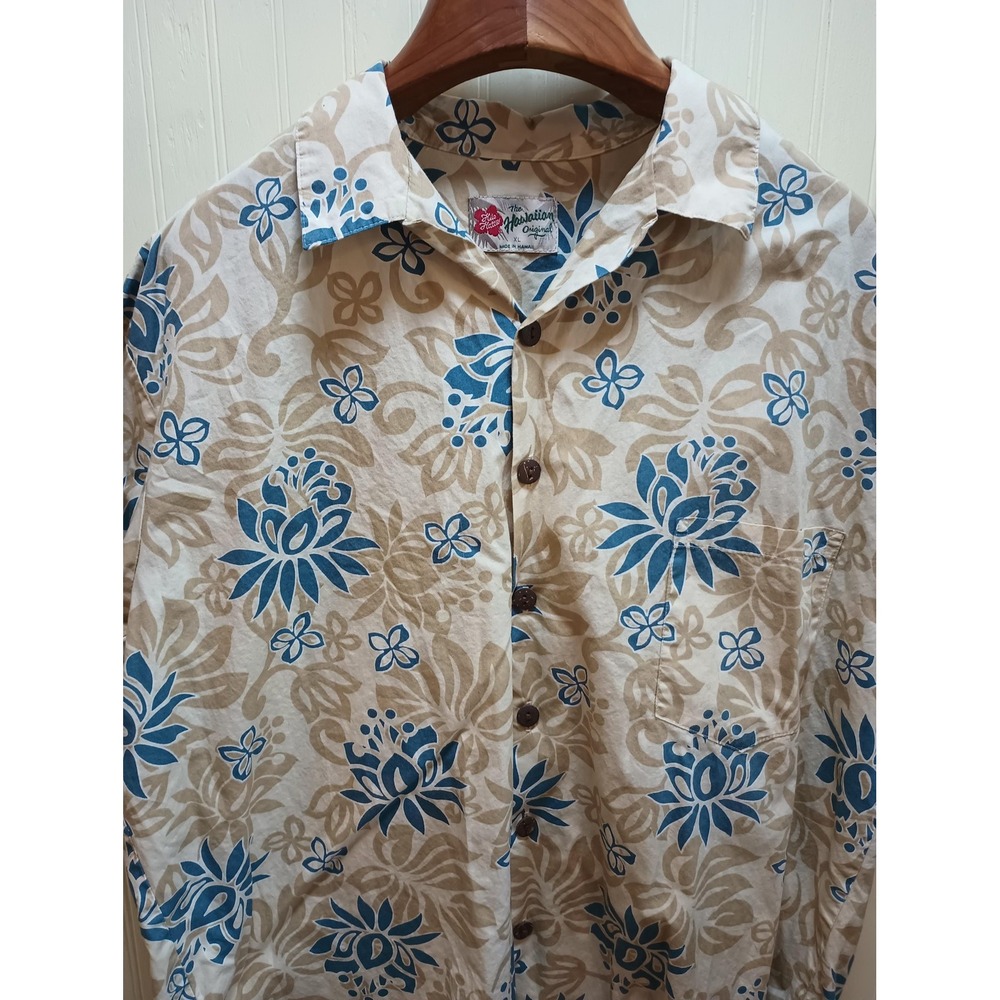 Hilo Hattie Hawaiian Shirt Mens XL Beige Blue Floral‎ Aloha Made In Hawaii